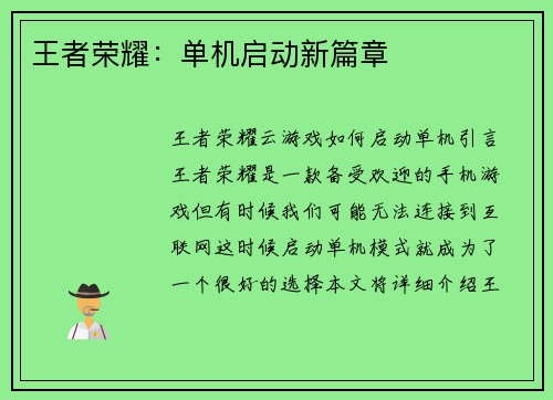 王者荣耀：单机启动新篇章