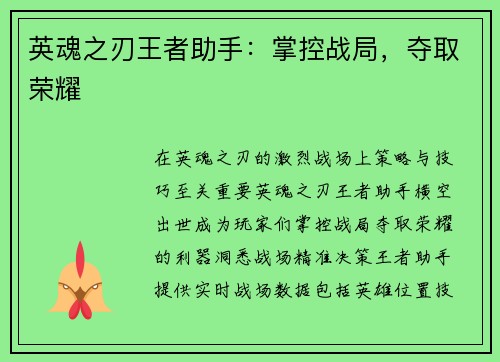 英魂之刃王者助手：掌控战局，夺取荣耀